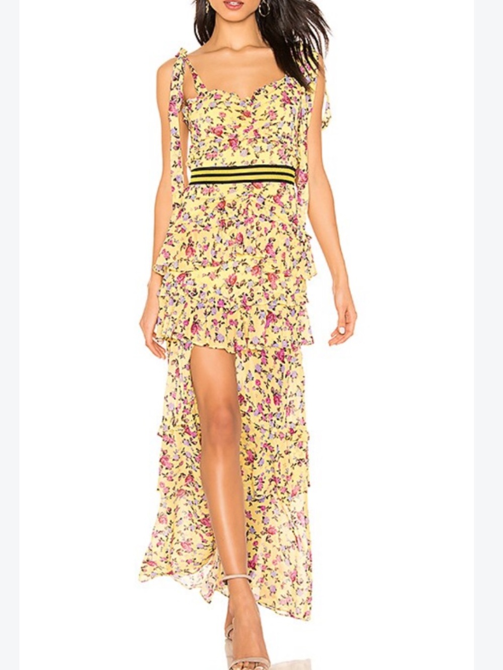 For love & lemons Maison silk yellow floral ruffled maxi dress front slit sz m